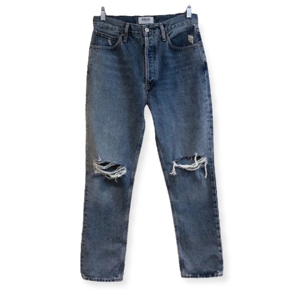 AGOLDE Riley Light Wash Distressed Straight Leg High Waist Denim Jeans 27 NEW - Picture 1 of 12